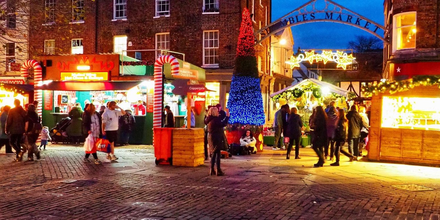 York Christmas market in the Shambles at dusk
